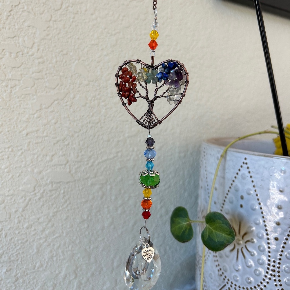 Chakra Crystal Heart Tree of Life Sun Catcher With Rainbow Prism Crystal